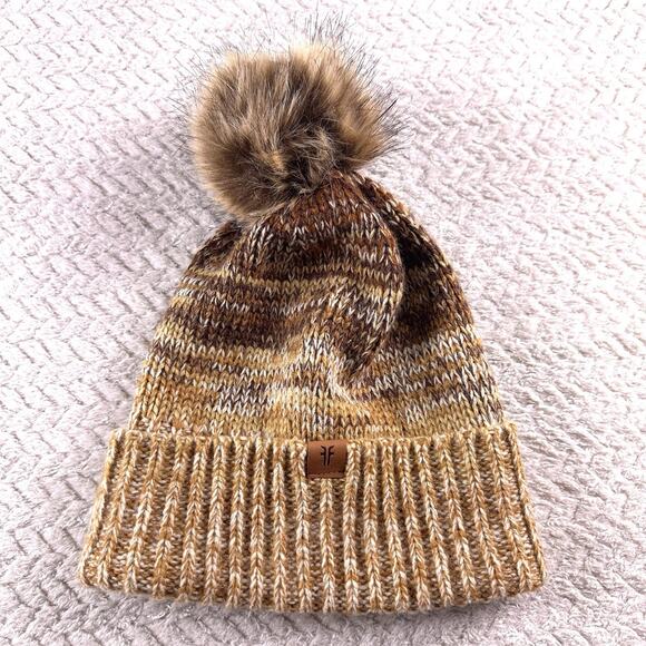 Frye Brown Beige Heathered Knit‎ Winter Pom Pom Hat Cute main image 5